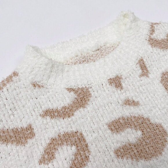 Khaki Casual Women's Leopard Pattern Drop Shoulder Sweater & Drawstring Shorts - Picture 4 of 6